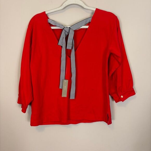 New J. Crew Red 3/4 Length Sleeve with Black & White Striped Ribbon Back Top Siz - Picture 2 of 6